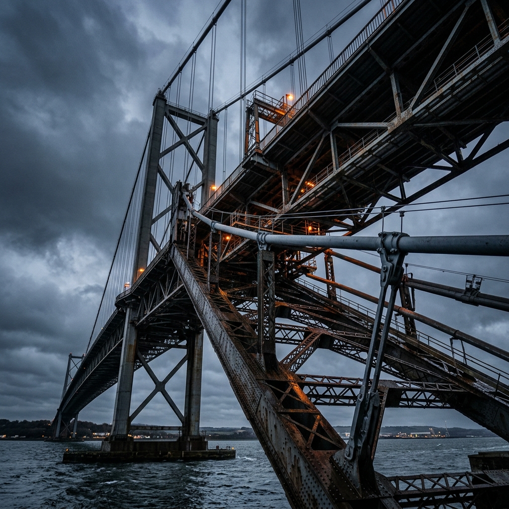 Steel truss bridge under inspection at dusk